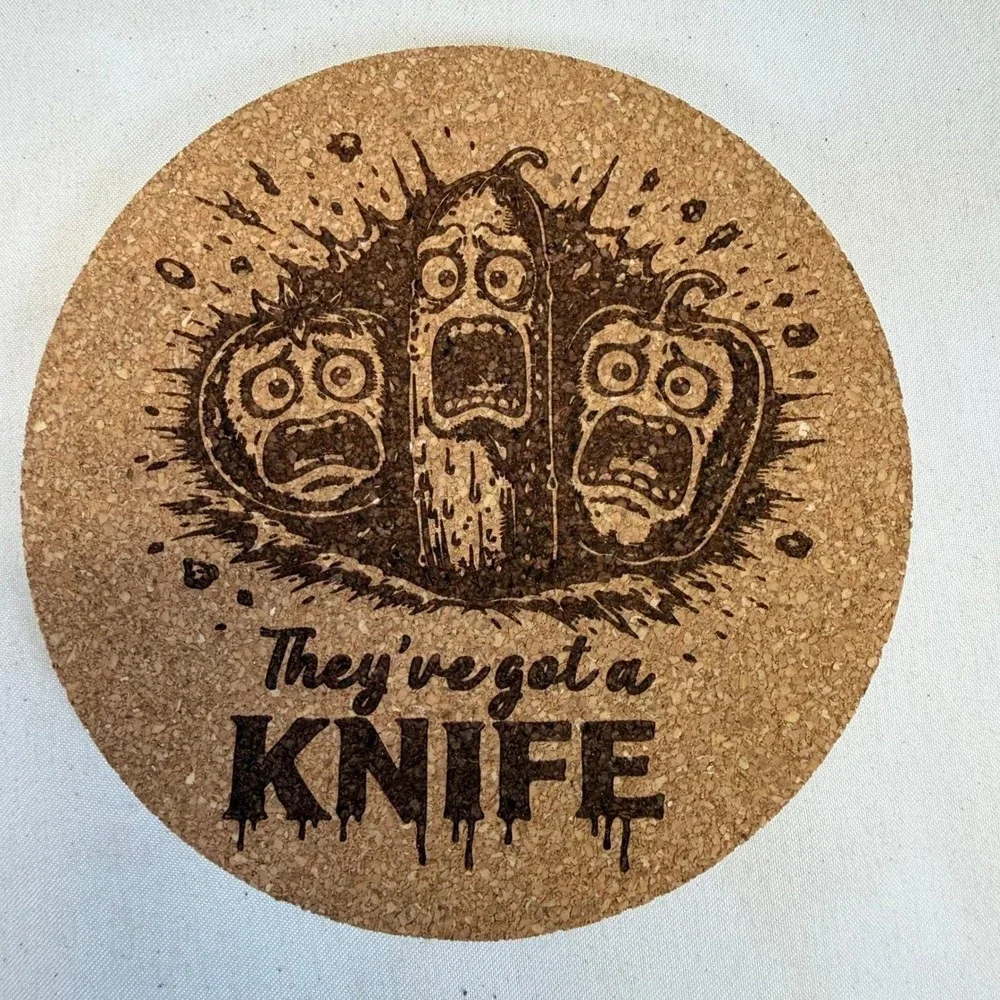 Funny Horror Cork Coaster Set 4 They've Got a Knife Chicken Cow Veggie Pun Bar